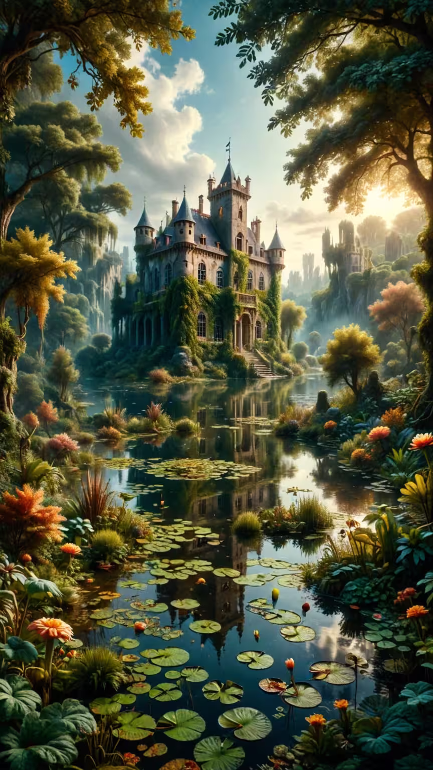 Enchanted fairy tale castle lake wallpaper 4K featuring a moss-covered stone chateau reflected in a lily pad pond.