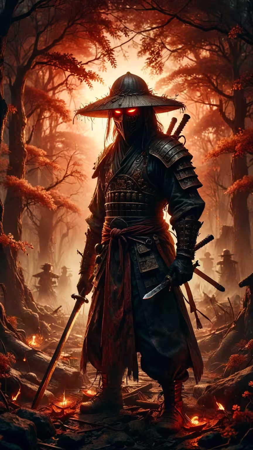 Dark samurai shadow warrior wallpaper 4K featuring a masked ronin with glowing red eyes in a burning autumn forest.