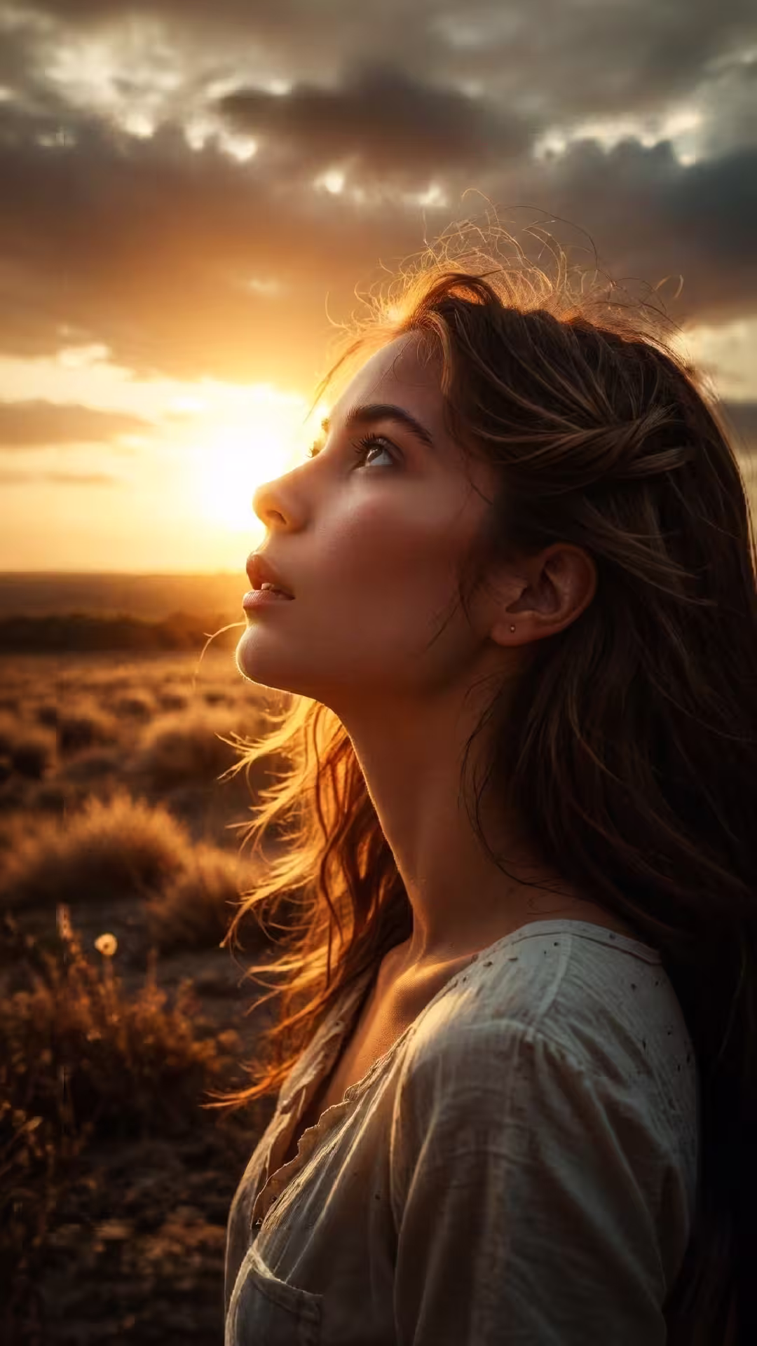 Ethereal woman sunset profile wallpaper 4K featuring a young woman looking up at a golden sky in a field.