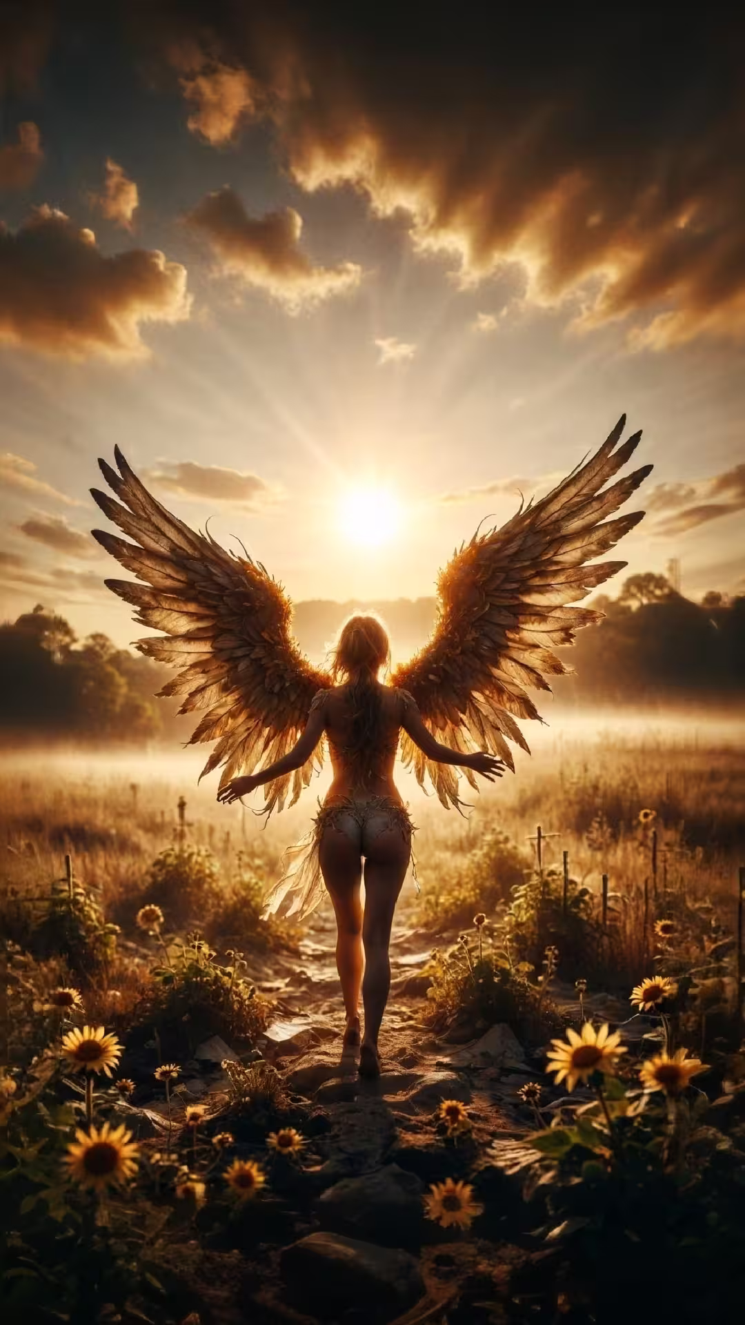 Angel wings field sunset wallpaper 4K featuring a winged woman walking through a sunflower meadow toward a bright sun.