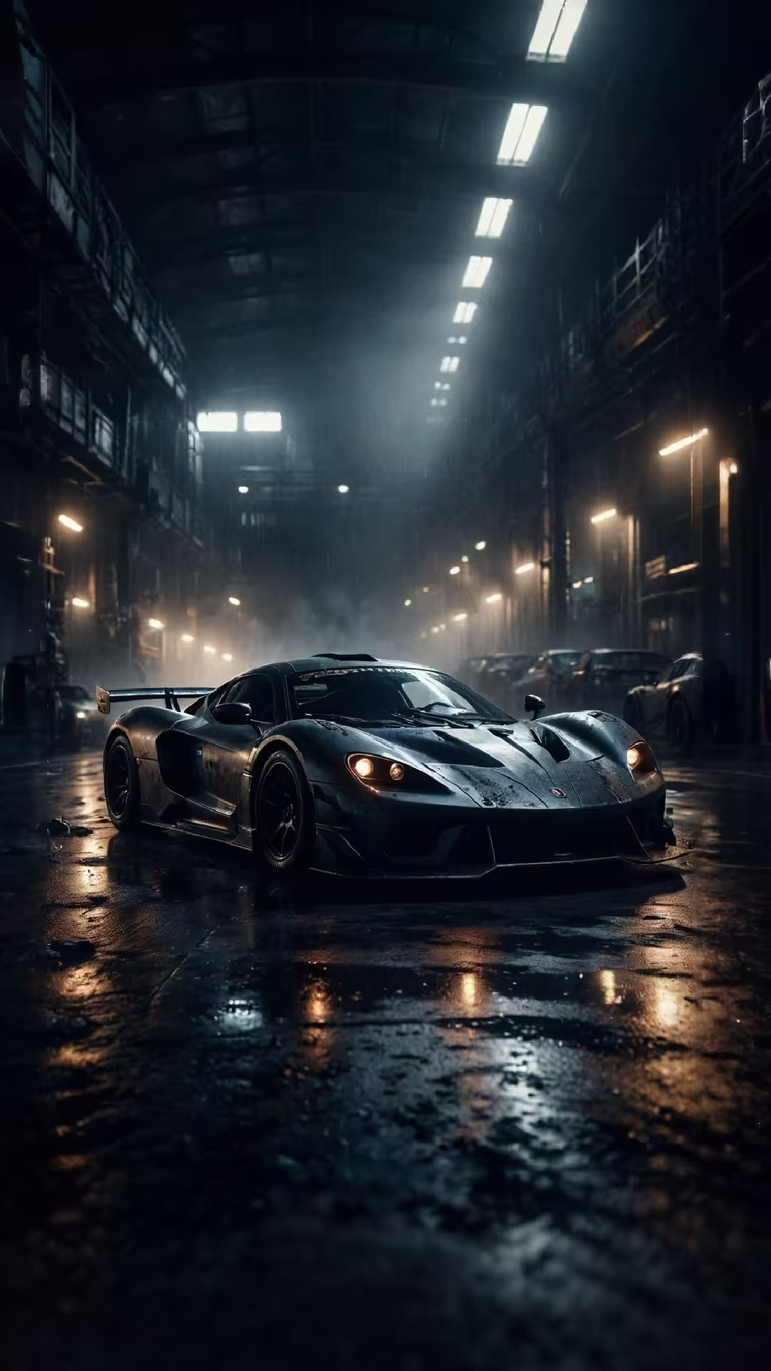 Dark aesthetic supercar garage wallpaper 4K featuring a sleek silver hypercar in a moody industrial warehouse.