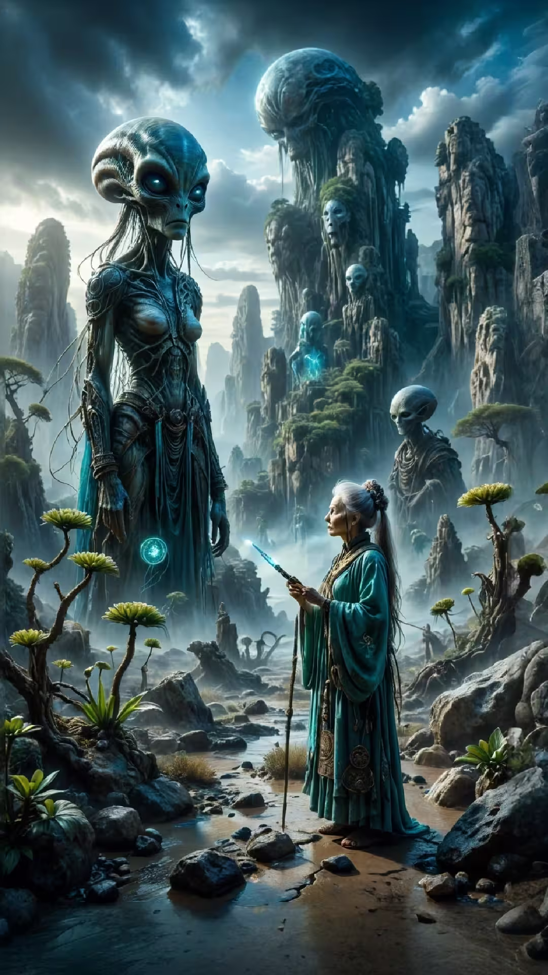 Mystical alien encounter 4K smartphone wallpaper: a human sorceress facing a giant extraterrestrial in a rocky valley.