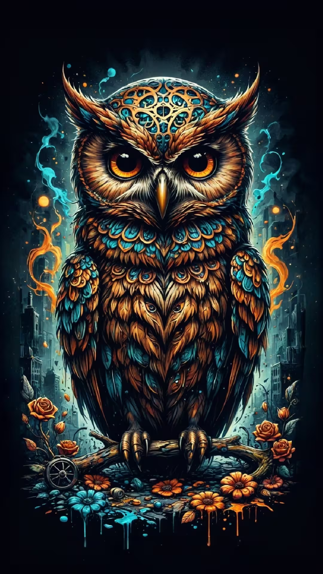Mystical owl fantasy wallpaper 4K with a colorful patterned owl perched on a branch amidst glowing roses and city smoke.