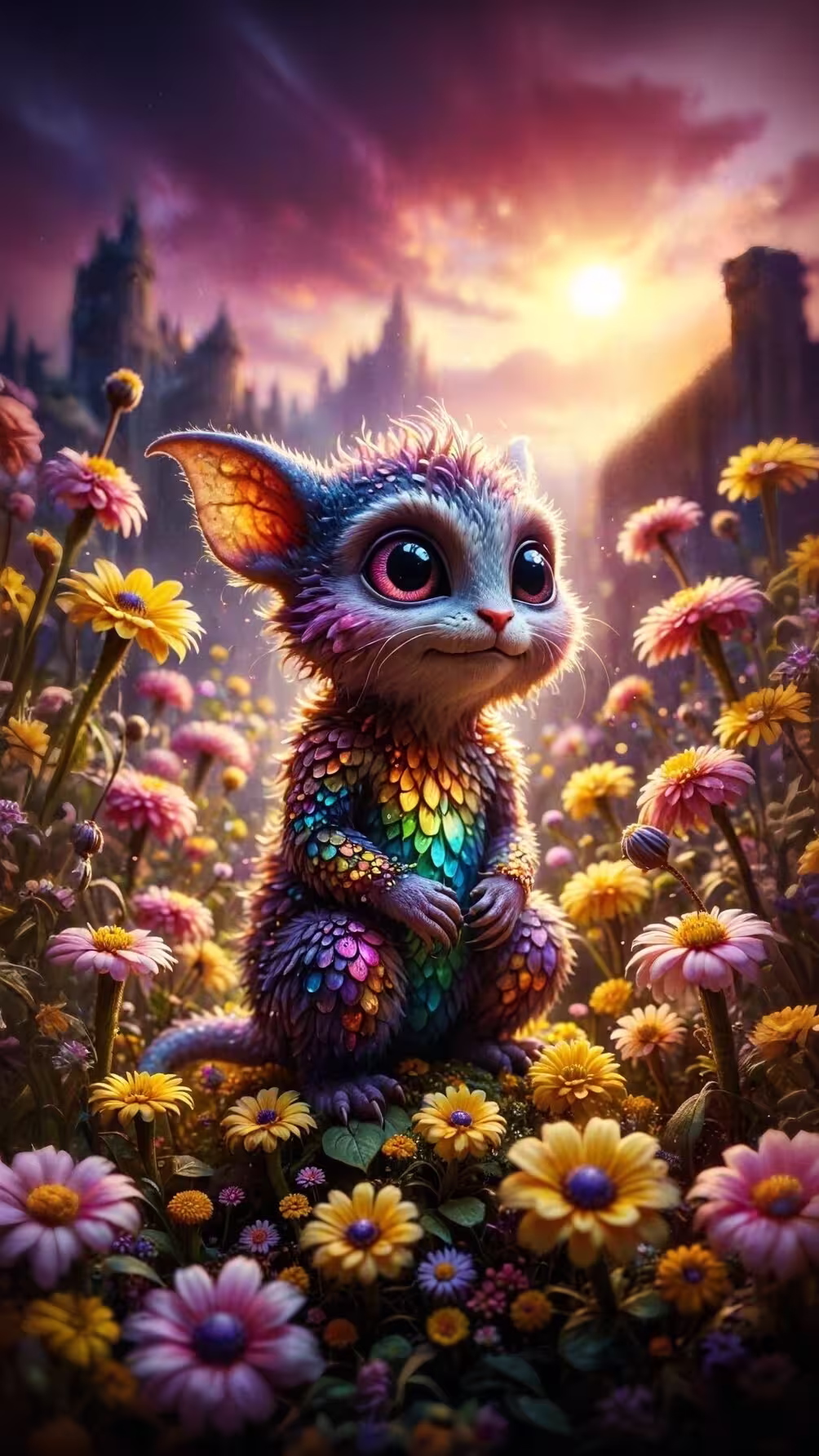Cute colorful fantasy creature 4K mobile wallpaper: a fuzzy, big-eyed monster sitting in a sunny daisy field at sunset.