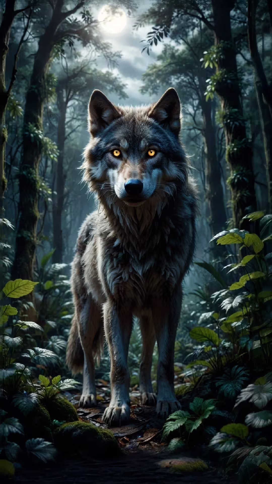 Majestic wolf forest moonlight wallpaper 4K featuring a gray wolf with glowing amber eyes in a dark misty woods.